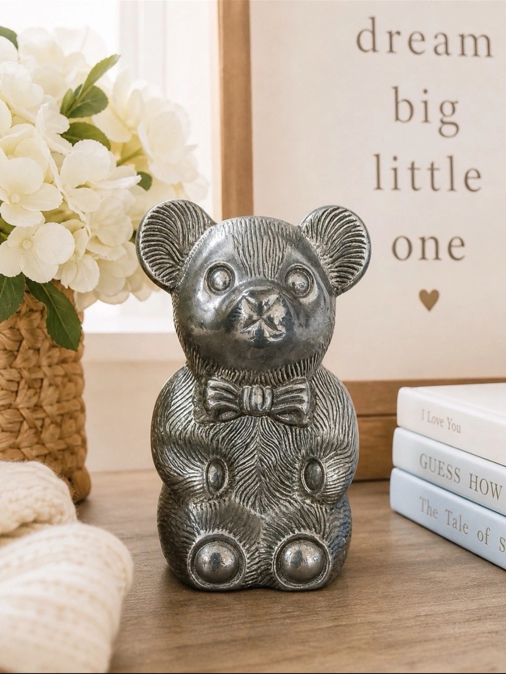 Vintage Silver Plated Teddy Bear 5” Coin Piggy Bank